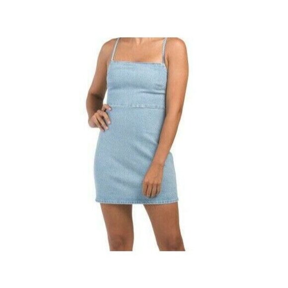 Zara Jrs XXL Light Blue Denim Side Zip Body-Con Spaghetti Strap Mini Dress - Picture 6 of 6